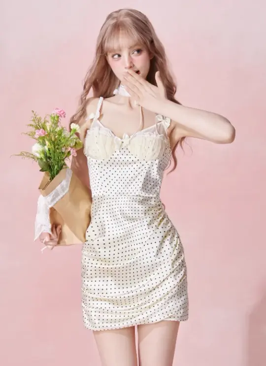 Ruffle hem hollow pleated waist retro polka dot suspender dress R5252