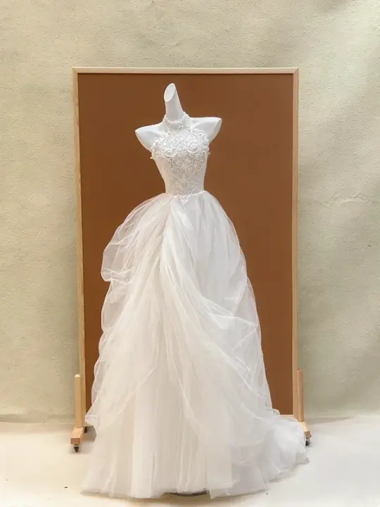 White lace halterneck waist tulle skirt long dress bridal gown R5736