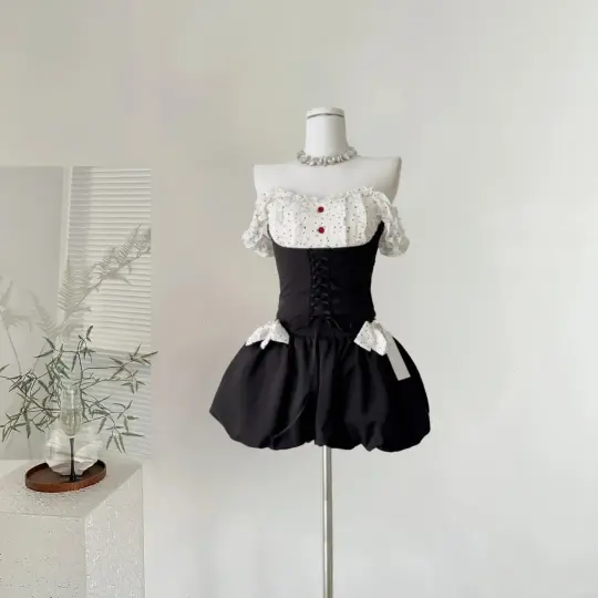 Black one-shoulder slim waist flower bud skirt short skirt homecoming dress R4351