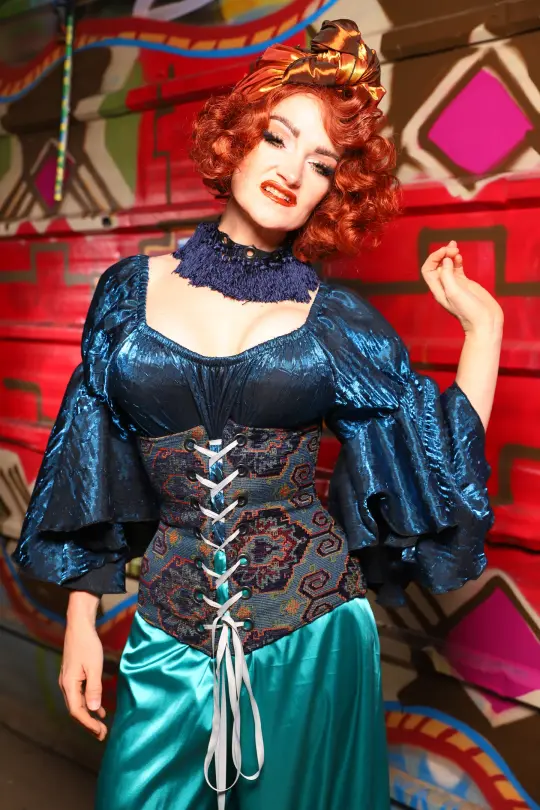 Wench Underbust Corset in Geometric Peacock Upholstery - The Magic Carpet Ride Collection