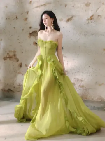 Elegant Lemon Green Ruffled A-Line Strapless Corset Maxi Party Dress Prom Dress RS546