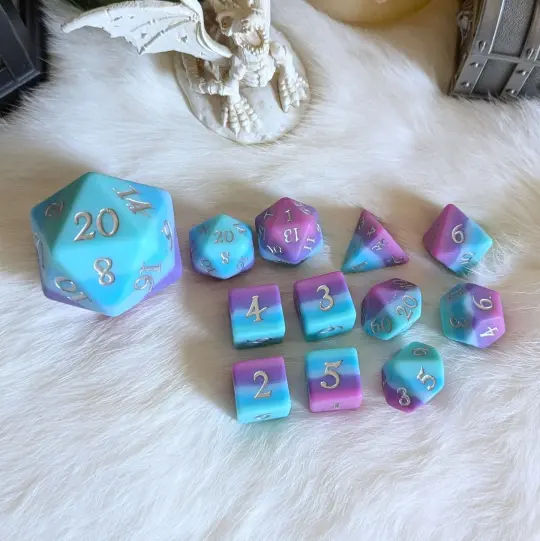 Twilight Serenity Dice Set – 11-Piece Matte Ombre Teal Purple Pink DnD Dice | Fennek & Finch