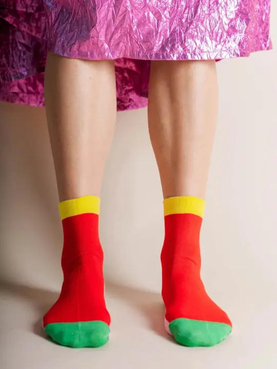 Cotton Ankle Socks - Color Block Red & Pink