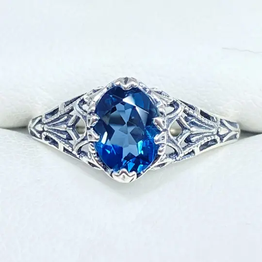 Natural London Blue Topaz Ring, Size 6.5, Victorian Filigree Jewelry #D56 - Ready to Ship