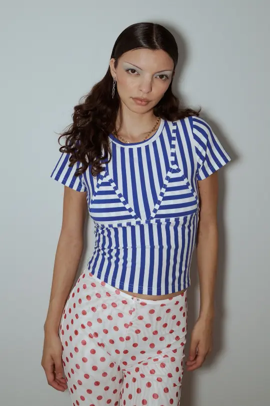 1 left - Bikini Bod Stripe Cotton Tee Blue/White