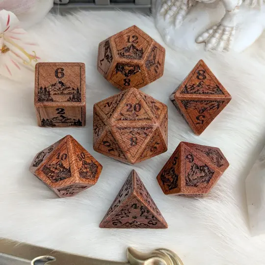 Everwild Rosewood Dice Set – Mountains & Forest Engravings with Glossy Finish (7-Piece)