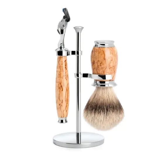 MÜHLE PURIST 3 Pc. Shaving Set, Silvertip Badger Brush & Gillette® Fusion™ Razor, Karelian Masur Birch