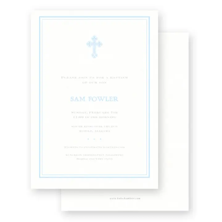 Baby Blue Simple Border with Cross Baptism Invitation