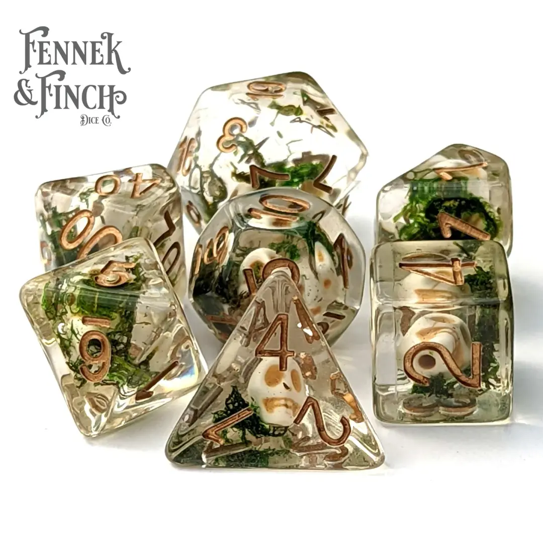 Resting Skull Dice Set, Skull beads and moss