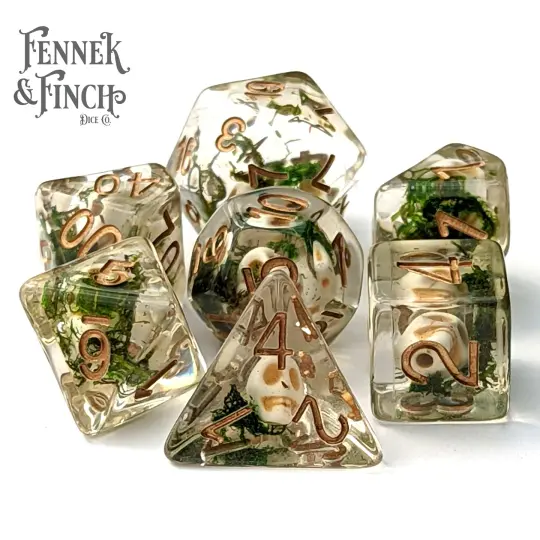 Resting Skull Dice Set, Skull beads and moss