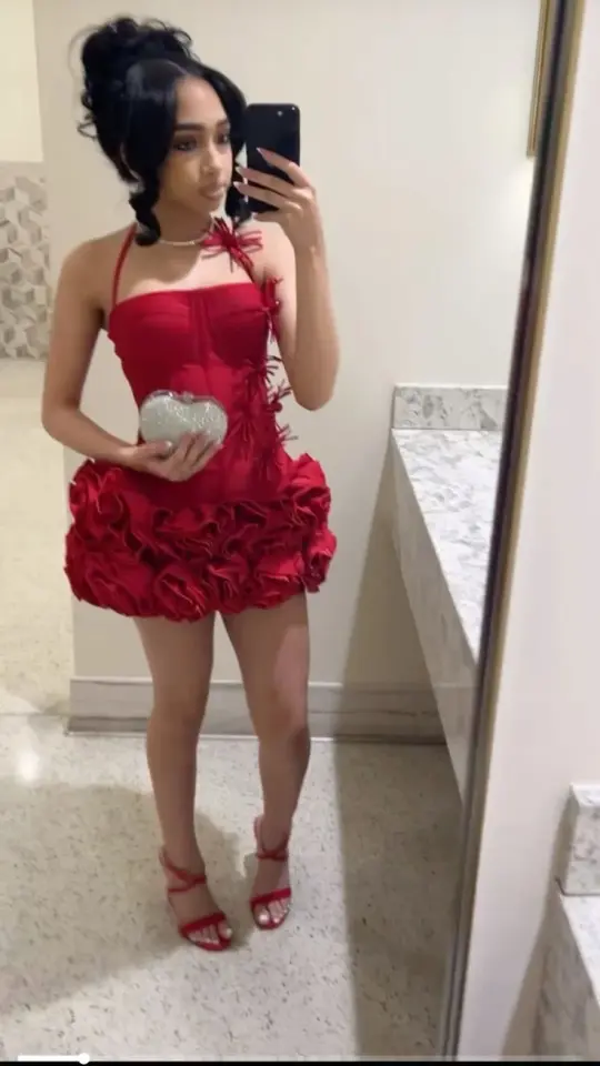 Elegant Red A-Line Halter Ruffled Mini Summer Dress with Flower-shaped Tiered Hem Homecoming Dress RS191