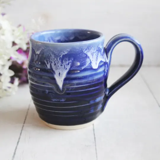 Handcrafted Pottery Mug in Dripping Blue Glazes, 14 Ounce Gorgeous Artful Mug, Made in USA