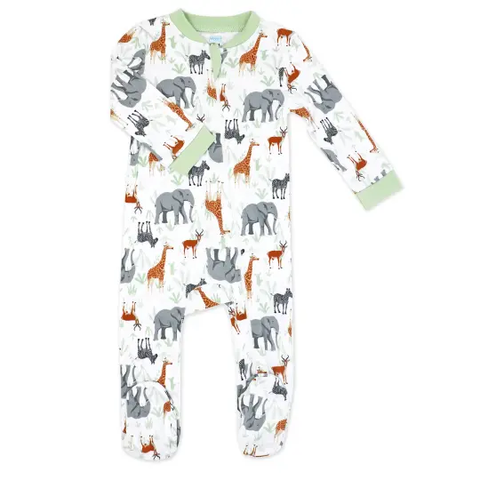 Baby Mode Baby Boys And Baby Girls 100% Cotton Wild Safari Zippered Footie, 3-6M