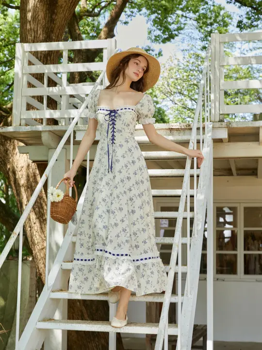 French design pastoral style printed slim fishbone corset dress R5105