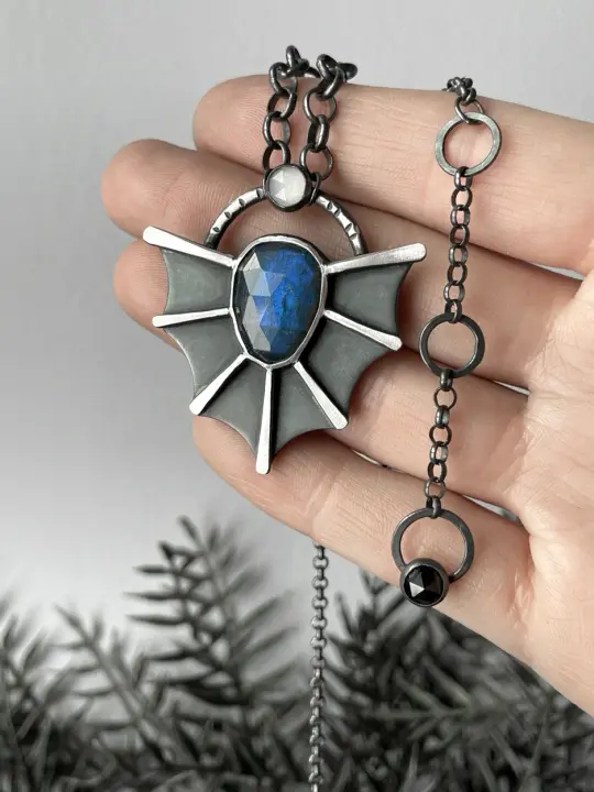 Blue Labradorite and White Moonstone Bat Pendant