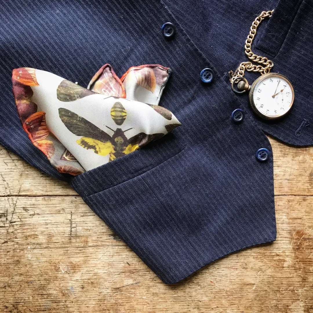 MUSEUM MOTHS...100% SILK POCKET SQUARE WITH HAND ROLLED EDGES