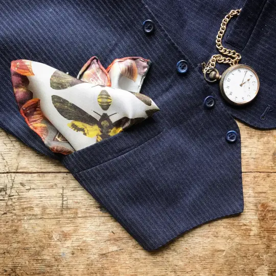 MUSEUM MOTHS...100% SILK POCKET SQUARE WITH HAND ROLLED EDGES