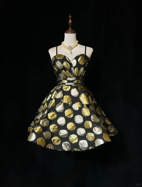 Black background circular pattern suspender waist puffy A-line skirt short skirt homecoming dress R4938