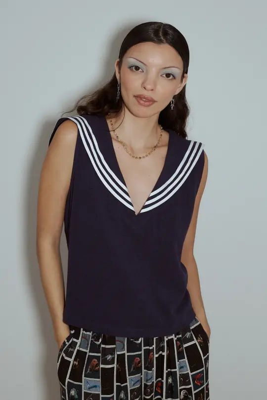Sailor Sleeveless Soft Linen Crop Top Navy