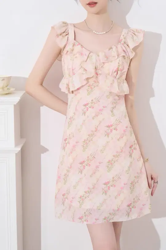 French dress new summer design niche temperament high-end pink floral waist skirt R4217