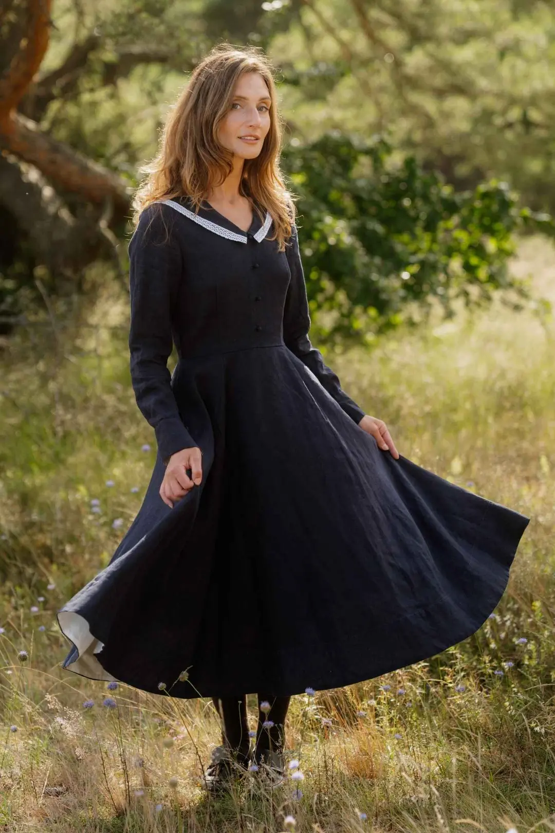 Wander – Long Sleeve Linen Dress with Sailor Collar