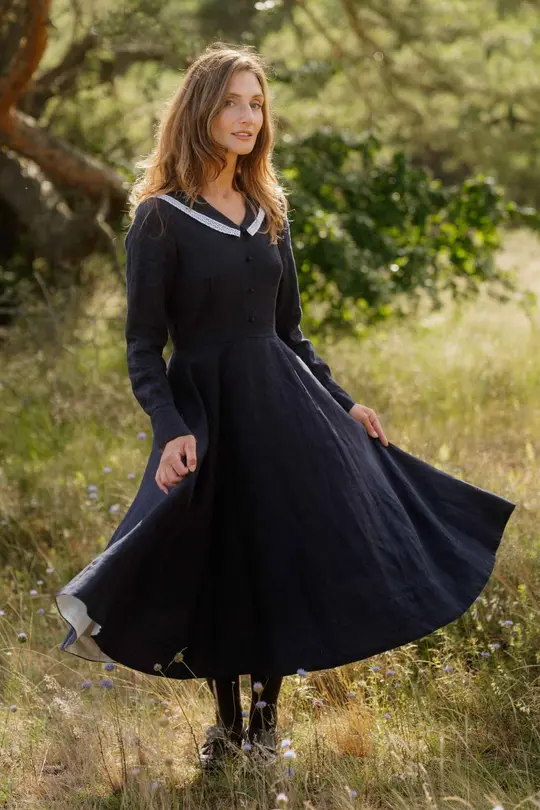 Wander – Long Sleeve Linen Dress with Sailor Collar