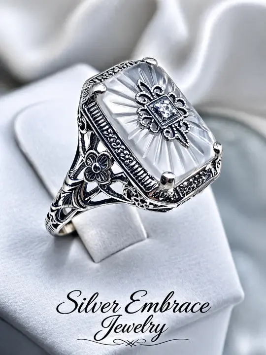 Camphor Carved Ring, Rectangle Sunburst and Inset Gem #D64e