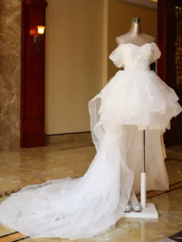 Hazy White A-Line Off-the-shoulder Tulle Puffy Corset Hi-Lo Wedding Dress RS2011