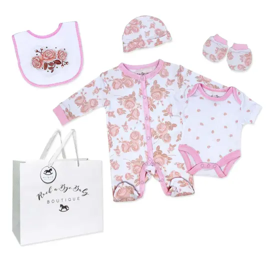 Rock A Bye Baby Boutique Girls Coral 5 Pc Layette Gift Set 0-3M