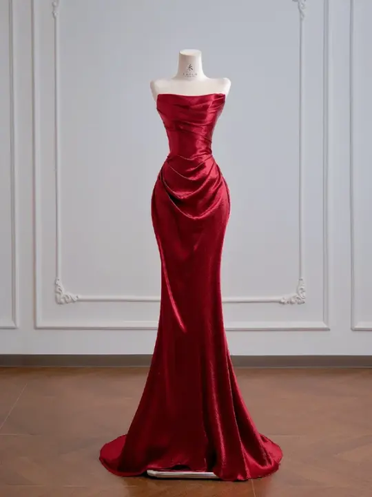 Deep red strapless, fitted waist, bodycon long sexy ball gown R8159