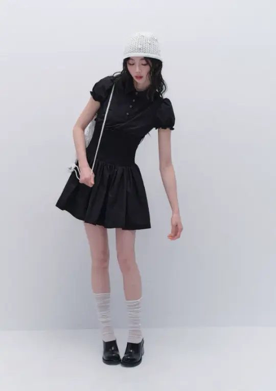 Black Polo Style Mini Dress Women With Puff Sleeves And Smocked Waist R9447