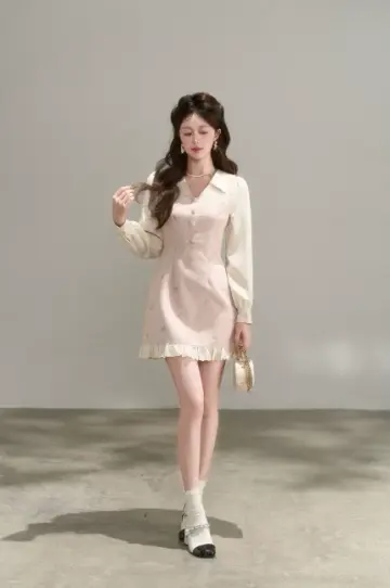 Vintage Pink Tweed A-Line Dress, Women's Long Sleeve Floral Embroidered Mini Dress R9329