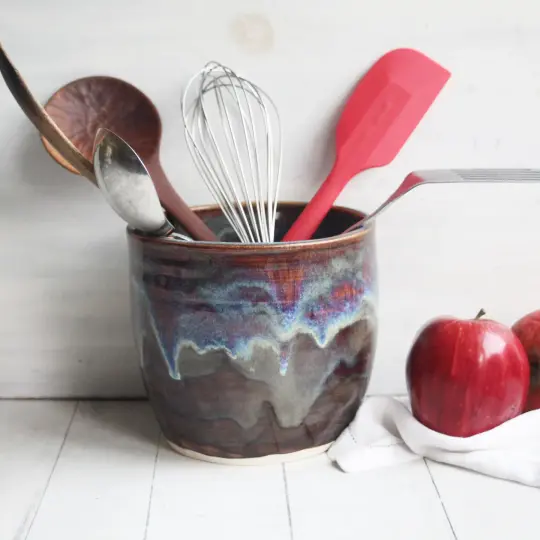 Utensil Holder in Deep Amber Brown  and Blue Glazes, Handmade Kitchen Crock, Made in USA