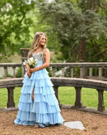 Elegant Pale Blue Ruffled A-line Strapless High-slit Corset Maxi Prom Dress RS494