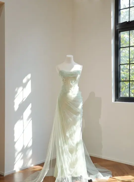 Light green strapless fitted long ball gown R8444