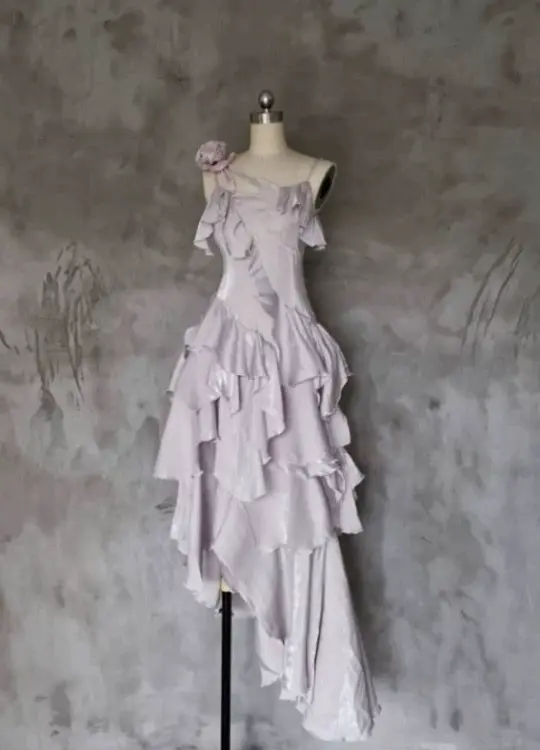 Flowy Lavender Ruffled Prom Dress ,A-Line Spaghetti Straps Asymmetrical Hem Bodycon Cocktail Dress Cami Dress RS1085