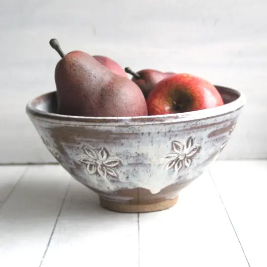 Gorgeous Medium Hand Carved Rustic Serving Bowl in Dripping White and Speckled Brown, Made in USA