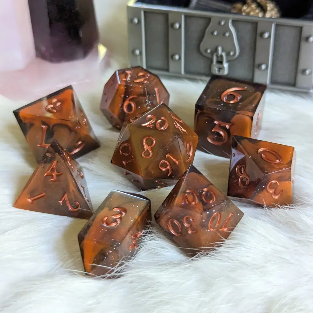 Shadow and Flame Dice Set – Sharp Edge Orange Black Marble DnD Dice | Fennek & Finch