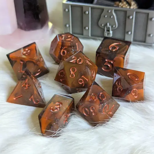 Shadow and Flame Dice Set – Sharp Edge Orange Black Marble DnD Dice | Fennek & Finch