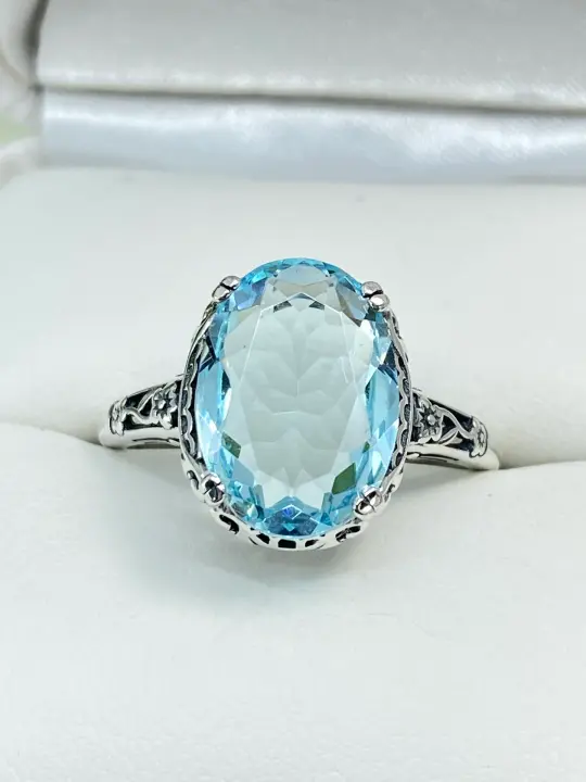 Blue Topaz Ring Natural or Simulated Aquamarine, Edwardian Jewelry #D70