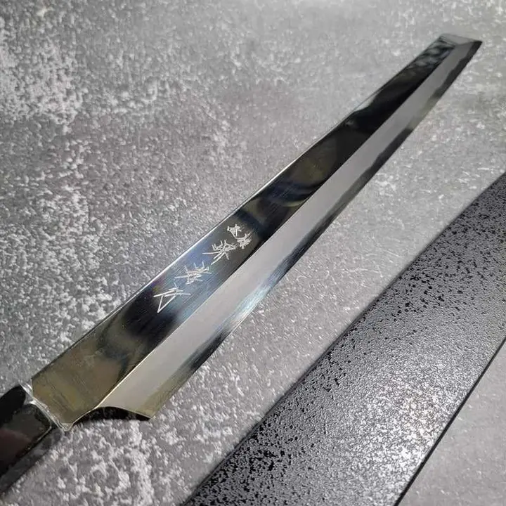 Sakai Takayuki "Hein" by Itsuo Doi Blue #2 Mirror Polished 300m Kengata Yanigiba with Ebony Handle and Saya