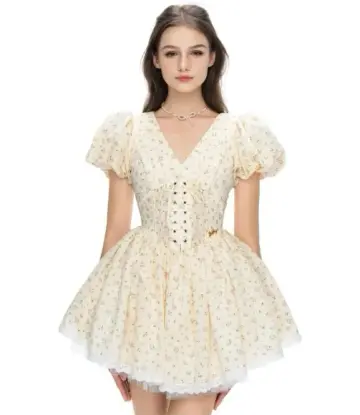 Apricot Puff Sleeve V-Neck Waist Slim Short Skirt Homecoming Dress R4811