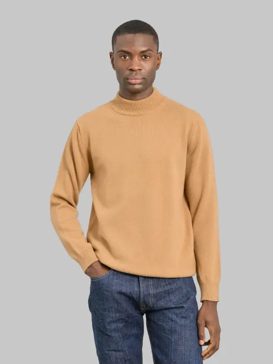 Mooncastle 7G Cashmere Silk Wool Mockneck Pullover Camel