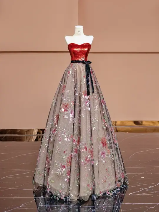 Red strapless fitted bodice with black lace floral print long ball gown R8401