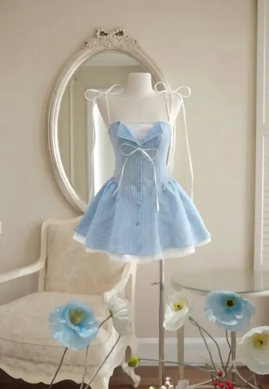 Elegant Baby Blue Striped Homecoming Dress A-Line Spaghetti Straps Corset Mini Prom Dress RS728