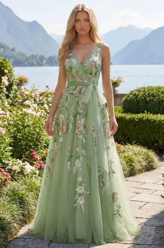 French Chic Green A-Line V-neck Applique Corset Maxi Prom Dress Evening Dress RS623