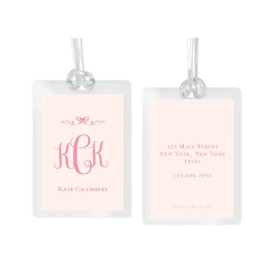 Girl's Watercolor Bow & Script Monogram Laminated Bag Tag