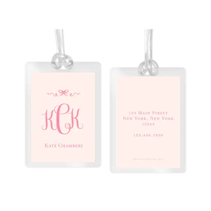 Girl's Watercolor Bow & Script Monogram Laminated Bag Tag