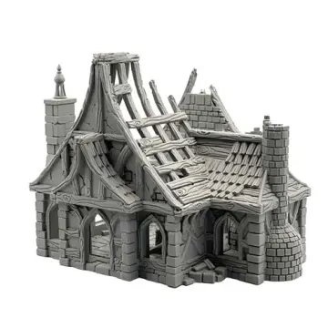An unpainted, light grey 3D-printed tabletop miniature of a ruined medieval fantasy bakery. The building has suffered extensive damage, particularly to its steep roof, where most of the shingles are missing, leaving the underlying wooden rafter framework completely exposed. The exterior features broken stone block corners and damaged half-timbered walls, with empty arched window frames revealing the hollow interior. A large stone chimney with a rounded oven base stands intact on the right, while a second chimney with a small spire remains on the left. Fallen stone rubble lies scattered near the base. Isolated on a white background.