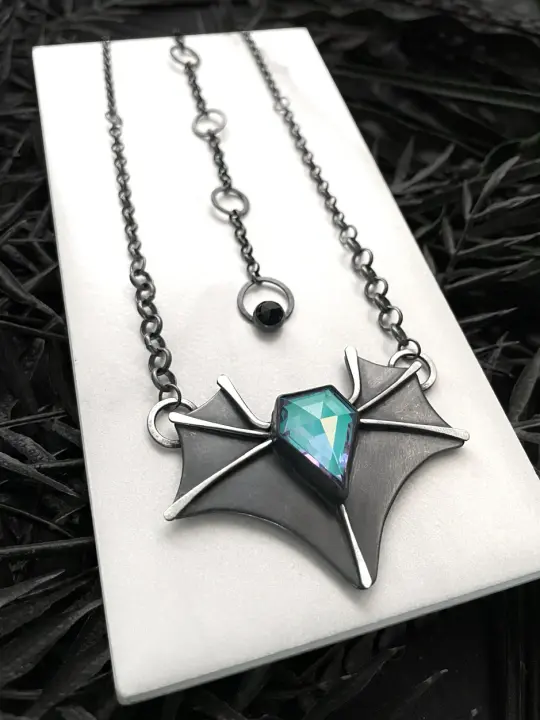 Lab Zircon Bat Necklace with Blue Glow